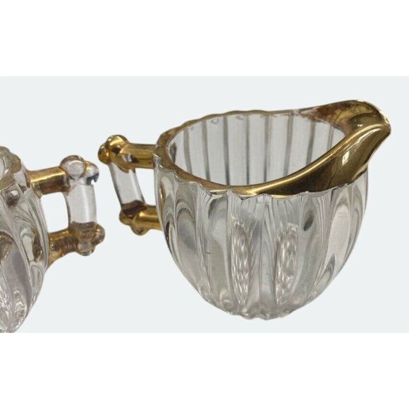 Vintage Glass Cream & Sugar Set With Gold Accents & Ribbed Design - Picture 4 of 6